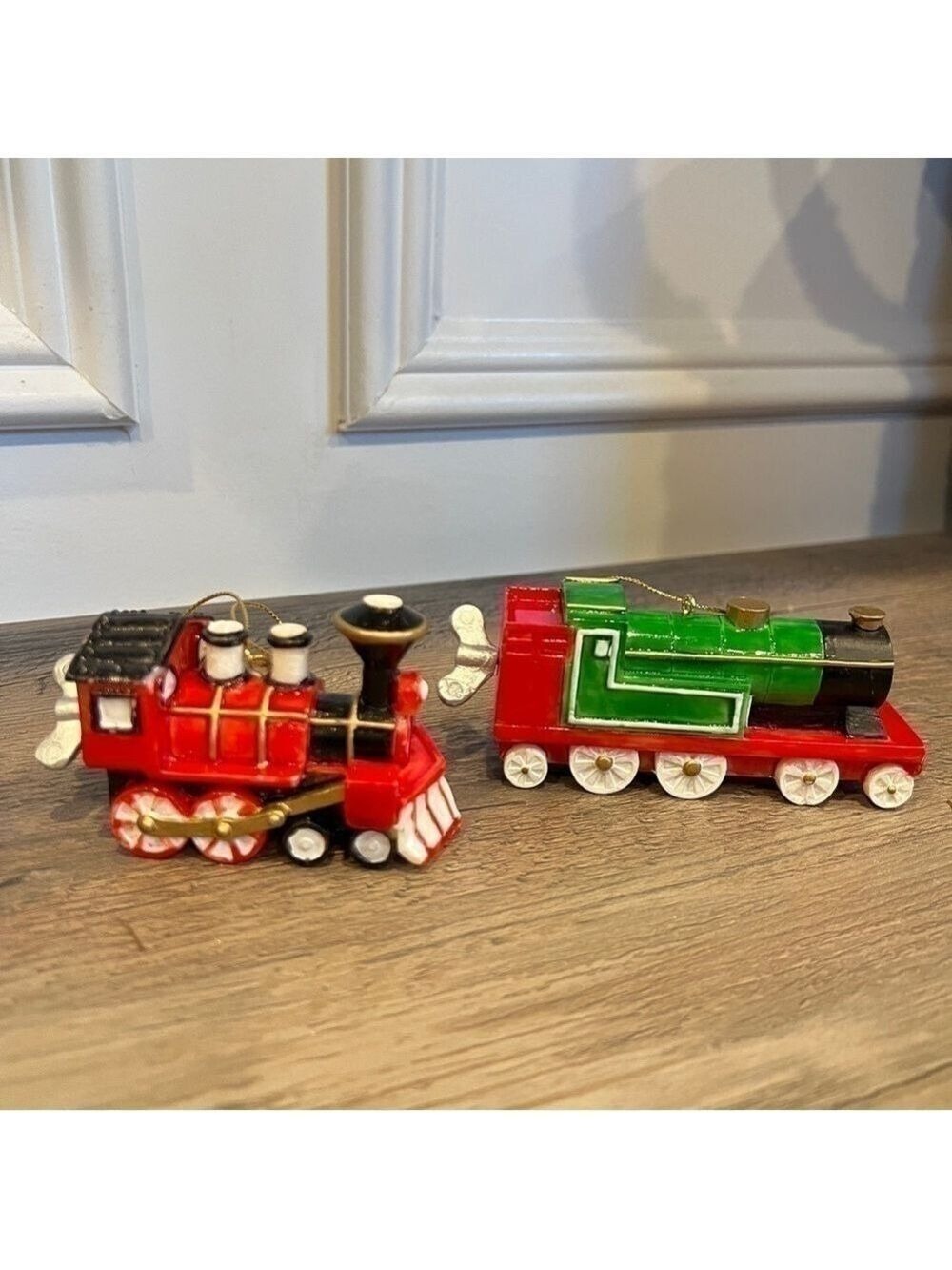 Vintage Ceramic Wind Up Train Christmas Ornaments Set of 2